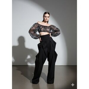 Sheer Black Organza Micro Crop Top Lantern Sleeve Ethereal Goth Fairycore XL